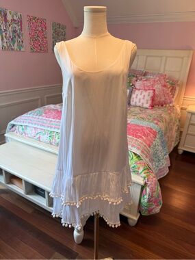 Lilly Pulitzer White Silk Pom-Trim Sleeveless Shift Dress
